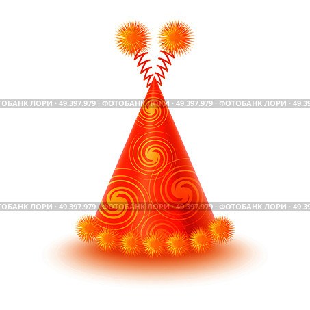 Brightly decorated with spirals and fluffy pompons on antennas party hat. Yellow conical paper cap for festive costumes isolated vector illustration. Birthday or New Year party dressing accessory icon. Стоковая иллюстрация, агентство Ingram Publishing / Фотобанк Лори