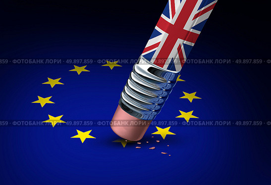 Britain European Union decision as a brexit leave concept and UK leaving vote or Euro zone crisis as a pencil with the british flag erasing a star of the Europe icon as a 3D illustration. Стоковое фото, агентство Ingram Publishing / Фотобанк Лори