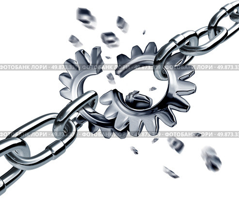 Broken partnership agreement chain breaking a financial deal or contract with metal connected links in the shape of gears or cogs as a disconnected business group pulling apart symbol. Стоковое фото, агентство Ingram Publishing / Фотобанк Лори