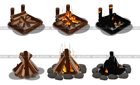 Brown and black firewood set isolated on white. Vector banner of touristic campfires with and without burning flame. Types of camp fires made of chopped trees. Firewood collection in flat design. Brown and Black Firewood Set Isolated on White. Стоковая иллюстрация, агентство Ingram Publishing / Фотобанк Лори