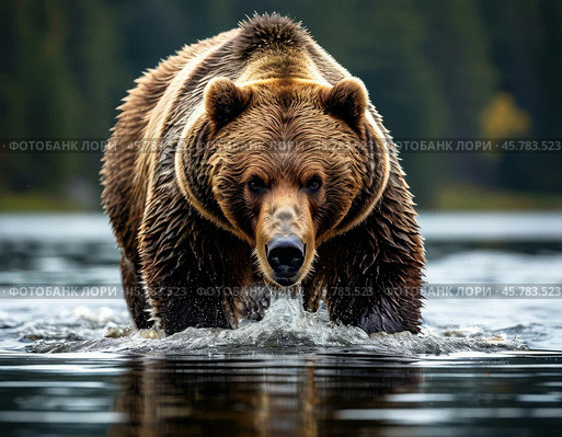 Brown bear hunts salmon in a taiga river, which goes to spawn. Стоковое AI-изображение, AI-художник Сергей Елизарьев / Фотобанк Лори
