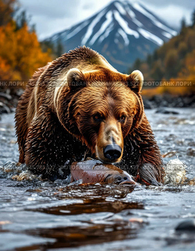 Brown bear hunts salmon in a taiga river, which goes to spawn. Стоковое AI-изображение, AI-художник Сергей Елизарьев / Фотобанк Лори