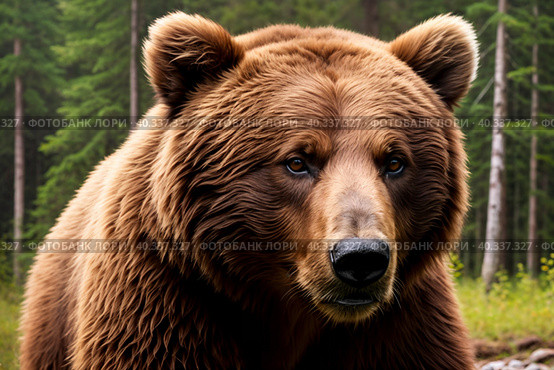 Brown bear in a coniferous forest close-up. Generative AI. Стоковое AI-изображение, AI-художник Mixail59 / Фотобанк Лори