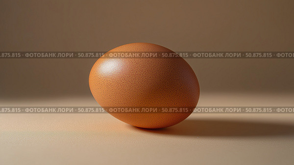 Brown egg resting on a smooth surface with soft shadows at midday light. Стоковое AI-изображение, AI-художник Katsiaryna Repich / Фотобанк Лори