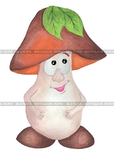 Brown mushroom with a face. Funny mushroom character with a smiling human face and big eyes. Separate on a white background. Children's watercolor drawing. drawn by hand on paper. Стоковая иллюстрация, иллюстратор Андрей Золотарев / Фотобанк Лори