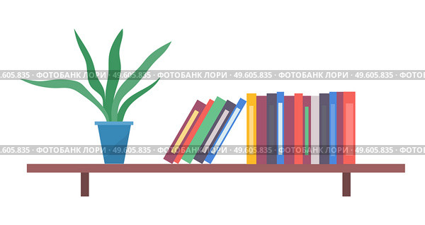 Brown plastic or wooden shelf, multi-colored stack folders, documents, blue pot, green potted flower or succulent. Folders and flower on office shelf. Decorating the office. Books, documents holder. Green potted flower, shelf with colored folders, documents. Keep folders on shelf. Office furniture. Стоковая иллюстрация, агентство Ingram Publishing / Фотобанк Лори