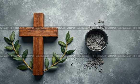 Brown Wooden Cross With Ceremonial Ash Bowl for Ash Wednesday and Lent Rituals in a Solemn Setting. Стоковое AI-изображение, AI-художник Sergey Grishin / Фотобанк Лори