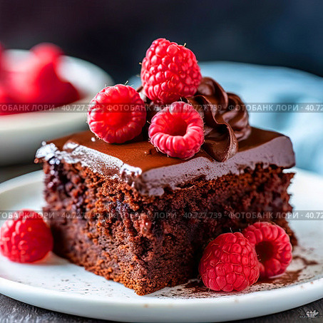 Brownie sponge cake sprinkled with fresh raspberries. Created by AI. Стоковое AI-изображение, AI-художник Ярославский Максим / Фотобанк Лори