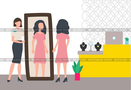 Brunette woman looking at herself in mirror in jewelry store vector. Shop assistant consulting customer to choose and buy luxury necklace with gem. Woman in Jewelry Store Shopping with Assistant. Стоковая иллюстрация, агентство Ingram Publishing / Фотобанк Лори