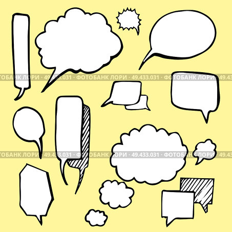 Bubbles with shadow, hand drawn elements of circular and rectangular shapes, empty inside for filling with phrases and cues, vector illustration. Bubbles with Shadow Hand Drawn Vector Illustration. Стоковая иллюстрация, агентство Ingram Publishing / Фотобанк Лори