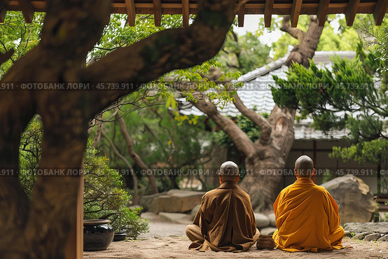 Buddhist monks meditating in traditional temple garden. Стоковое AI-изображение, AI-художник Иван Рябоконь / Фотобанк Лори