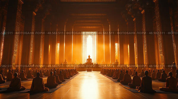 Buddhist monks sit in meditation, surrounded by ornate pillars, as golden sunlight streams through the temple's beautifully designed windows at dusk. Стоковое AI-изображение, AI-художник Данила Большаков / Фотобанк Лори