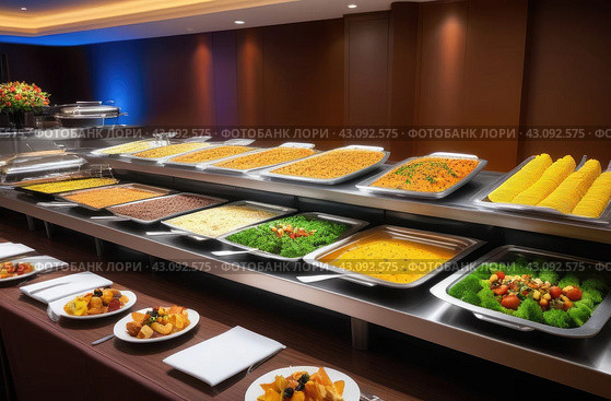 Buffet at the hotel. Various dishes in trays on shelves in the dining room. Meals boarding house. С помощью ИИ. Стоковое AI-изображение, AI-художник Коханова Наталья / Фотобанк Лори