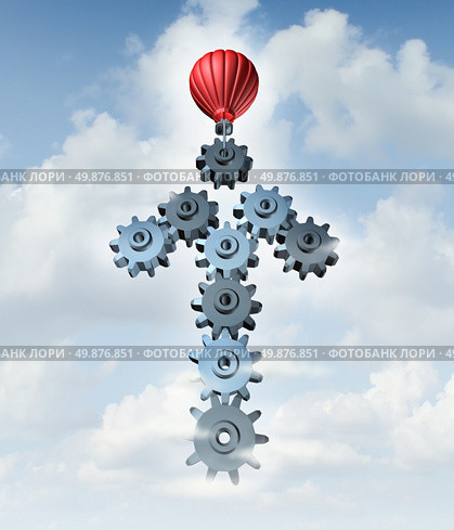 Building business success with a red hot air balloon constructing an arrow in the sky with a group of connected three dimensional gears and cog wheels as a creative concept of network planning and strategy through organization. Стоковое фото, агентство Ingram Publishing / Фотобанк Лори