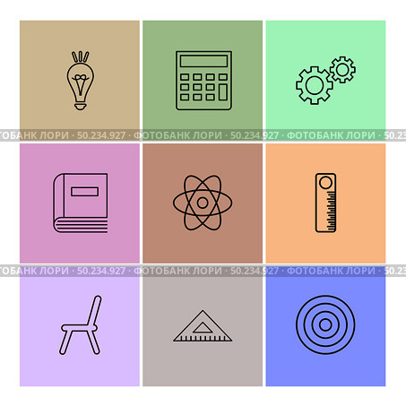bulb, calculator , setting , gear , book , nuclear , scale , chair , target, icon, vector, design,  flat,  collection, style, creative,  icons. Стоковая иллюстрация, агентство Ingram Publishing / Фотобанк Лори