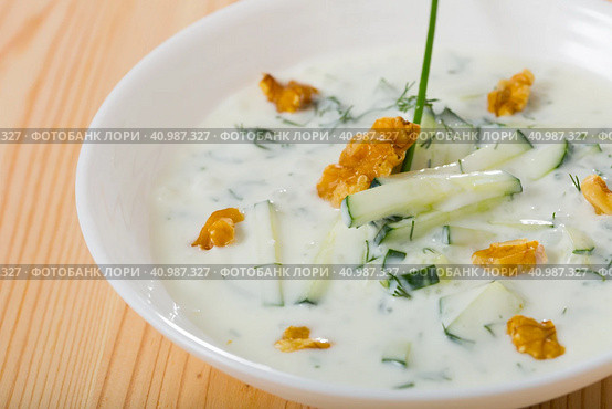 Bulgarian chilled soup Tarator in white plate. Стоковое фото, фотограф Яков Филимонов / Фотобанк Лори
