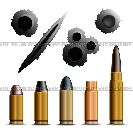 Bullets and holes realistic set of isolated grey bullet holes and metallic ammunition rounds with shadows vector illustration. Holes And Bullets Collection. Стоковая иллюстрация, агентство Ingram Publishing / Фотобанк Лори