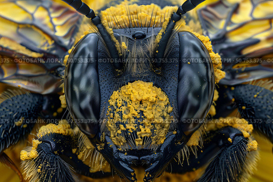 Bumblebee covered in pollen, a close up of nature's pollinator. Стоковое AI-изображение, AI-художник Иван Рябоконь / Фотобанк Лори