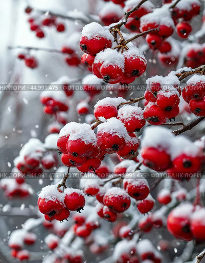 Bunches of red rowan covered with snow and frost, after a night snowfall. Стоковое AI-изображение, AI-художник Сергей Елизарьев / Фотобанк Лори