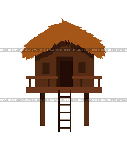 Bungalow with ladder closeup, building house with veranda, sloping roof, made of wood, tropical exotic estate vector illustration isolated on white. Bungalow with Ladder Closeup Vector Illustration. Стоковая иллюстрация, агентство Ingram Publishing / Фотобанк Лори
