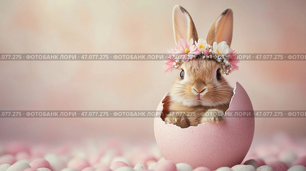 Bunny peeking out from cracked Easter egg shell surrounded by pastel candy. Кролик выглядывает из треснувшей скорлупы пасхального яйца в окружении пастельных конфет. Стоковое AI-изображение, AI-художник Katsiaryna Repich / Фотобанк Лори