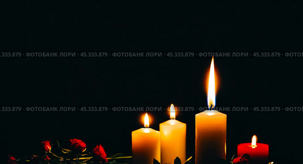 Burning candles and flowers on black background with space for text an obituary, list of dead. Funeral concept. Стоковое AI-изображение, AI-художник Павел Муравьев / Фотобанк Лори