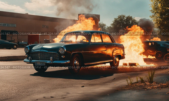 Burning car. Fire of a passenger car in a city parking lot. Fire in the engine compartment, short circuit in the wiring. Open fire and black smoke. Road incident. Gangster mafia wars, AI. Стоковое AI-изображение, AI-художник Sergey Grishin / Фотобанк Лори