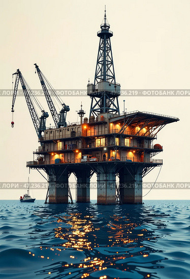 Буровая платформа для бурения скважин в море. Добыча нефти и газа на морском шельфе. Drilling platform for drilling wells in the sea. Oil and gas production on the sea shelf. Стоковое AI-изображение, AI-художник Гер Олег / Фотобанк Лори