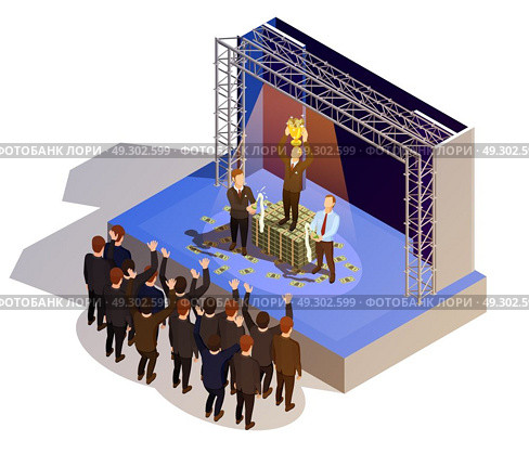 Business Award Winner Podium Isometric Isometric Image . Prestigious business award winner prize giving ceremony podium isometric view with golden trophy and champagne vector illustration . Стоковая иллюстрация, агентство Ingram Publishing / Фотобанк Лори