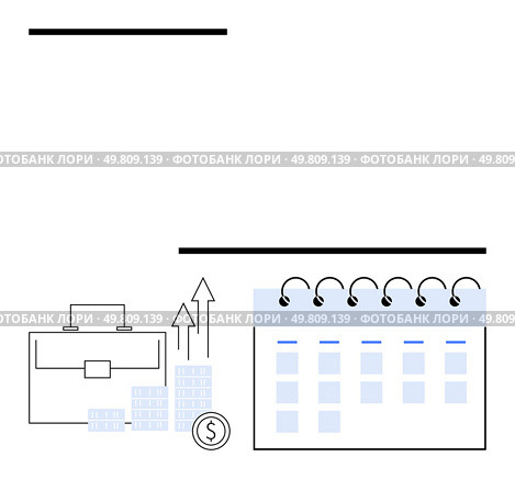 Business briefcase with ascending graph, stacks of coins, calendar, dollar coin. Ideal for financial management, business growth, investment planning, corporate scheduling, economic success timeline. Business Briefcase, Rising Graph, Calendars, and Dollar Coin Highlighting Financial Planning. Стоковая иллюстрация, агентство Ingram Publishing / Фотобанк Лори