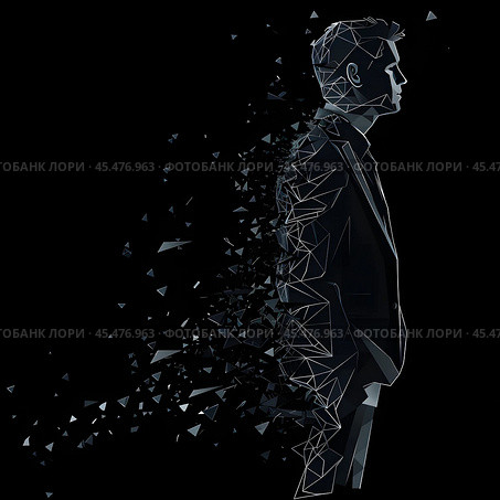 Business career collapse concept. A young man in a suit is breaking into parts isolated on a black background. Low poly wireframe illustration. Work failure. Стоковое AI-изображение, AI-художник Александра Рублева / Фотобанк Лори
