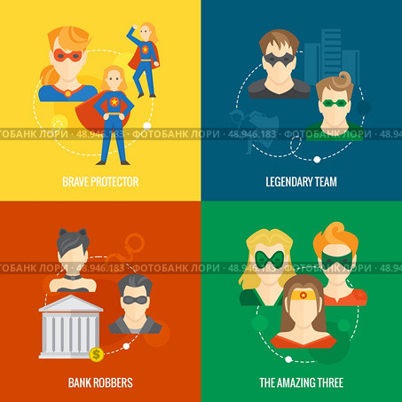 Business concept flat icons set of superhero composition with brave legendary amazing protector team infographic design elements vector illustration. Стоковая иллюстрация, агентство Ingram Publishing / Фотобанк Лори