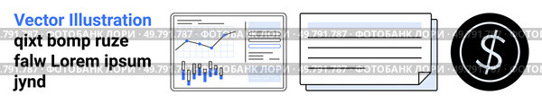 Business dashboard with charts, financial report, currency symbol, and text. Ideal for finance, analytics, business, reporting, dashboards, data visualization, infographics. Landing page. Business Analytics Dashboard with Charts and Data in Vector Format for Financial Markets. Стоковая иллюстрация, агентство Ingram Publishing / Фотобанк Лори