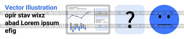 Business dashboard with graphs, question mark icon, and neutral face emotion. Ideal for data analysis, performance tracking, user queries, sentiment analysis, statistics, decision making, customer. Business Analytics Dashboard, Question Mark Icon, and Neutral Face emotion for Data Insights and Queries. Стоковая иллюстрация, агентство Ingram Publishing / Фотобанк Лори