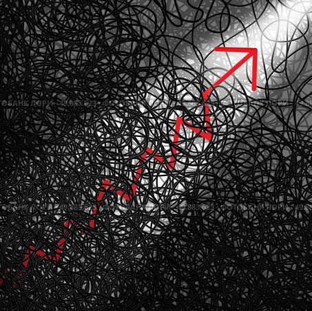 Business determination and perseverance as a concept of persistence with a single red line shaped as a profit chart going up out of a group of tangeld black ropes as a metaphor for overcoming obstacles. Стоковое фото, агентство Ingram Publishing / Фотобанк Лори