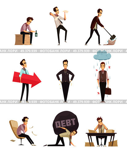 Business failure retro cartoon icons set with frustrated upset businessman with debt burden metaphor isolated vector illustration . Business Failure Retro Cartoon Icons . Стоковая иллюстрация, агентство Ingram Publishing / Фотобанк Лори