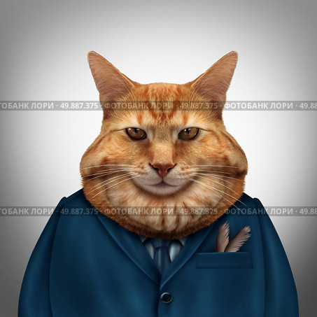 Business fat cat character as a feline tycoon businessman character as a symbol for a wealthy boss or a greedy and selfish magnate owner. Стоковое фото, агентство Ingram Publishing / Фотобанк Лори
