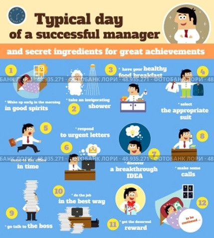 Business life. Manager schedule typical workday infographics from dawn to dusk vector illustration. Стоковая иллюстрация, агентство Ingram Publishing / Фотобанк Лори