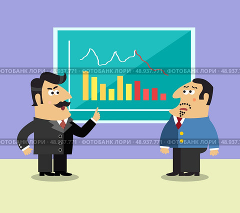 Business life shareholder in suit near the graph and frustrated executive director scene concept vector illustration. Стоковая иллюстрация, агентство Ingram Publishing / Фотобанк Лори
