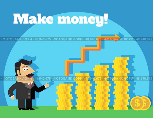 Business life shareholder in suit  with stack of coins make money concept vector illustration. Стоковая иллюстрация, агентство Ingram Publishing / Фотобанк Лори