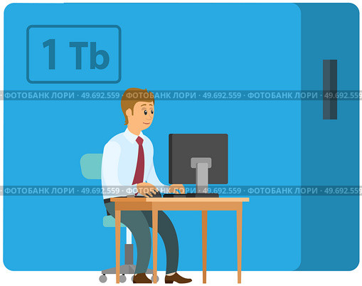 Business man uploading data files into external hard disk drive, modern technology allows work with large amounts of information. Businessman entrepreneur in suit sitting with computer at office desk. Business man uploading large data files into external hard disk, information storage technologies. Стоковая иллюстрация, агентство Ingram Publishing / Фотобанк Лори