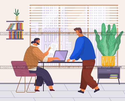 Business meeting, working process. Man manager consulting talking to boss about conclusion of a new contract. Businessman chief sitiing at a table typing laptop, holding paper document in hand. Business meeting, working process. Man manager consulting with the boss about a new contract. Стоковая иллюстрация, агентство Ingram Publishing / Фотобанк Лори