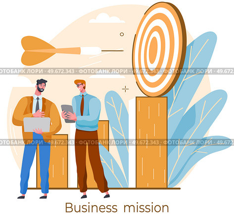 Business mission company development strategy, goals achievement. Businesspeople team discuss plan. Huge arrow in target. Aim mission challenge task solution. Teamwork collaboration to achieve target. Business mission, company development, goals achievement. Teamwork collaboration to achieve target. Стоковая иллюстрация, агентство Ingram Publishing / Фотобанк Лори