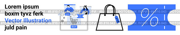 Business people analyzing data on a large display, a handbag with a price tag, and a discount coupon with a percentage sign. Ideal for online shopping, discounts, retail analytics, e-commerce. E-commerce Shopping Process with Analytics, Handbag, and Discount Coupon Elements. Стоковая иллюстрация, агентство Ingram Publishing / Фотобанк Лори