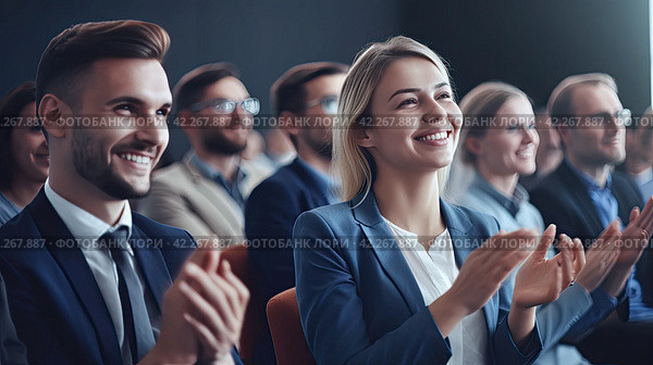 Business people applaud, celebrating a successful presentation. Teamwork and achievements fill the hall with positive energy. Стоковое AI-изображение, AI-художник Ярославский Максим / Фотобанк Лори