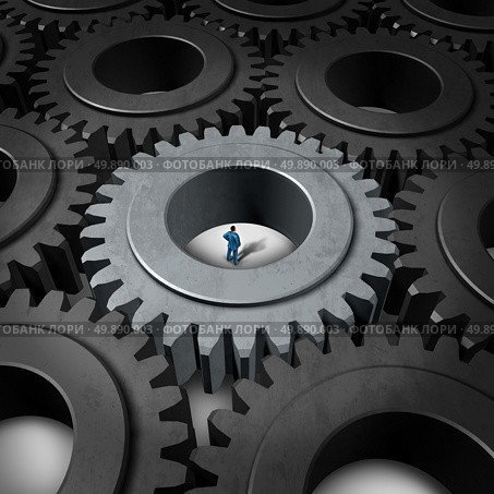 Business prison concept or corporate insider symbol as a businessman inside a giant gear or cog as a metaphor for limited opportunity or technology challenge as a 3D illustration career stress icon. Стоковое фото, агентство Ingram Publishing / Фотобанк Лори