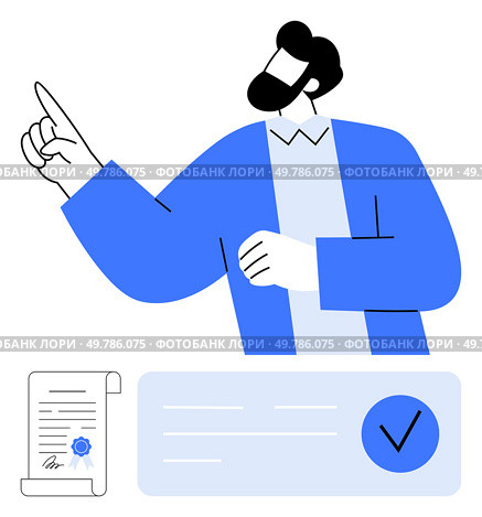 Business professional gesturing confidently, with certified document and approved checklist nearby. Ideal for business validation, certification, achieving goals, professional approval, quality. Business professional gesturing at accomplishments with certified document and approved checklist. Стоковая иллюстрация, агентство Ingram Publishing / Фотобанк Лори