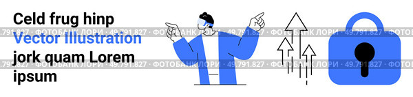 Business professional gesturing towards upward trends and a lock symbol. Ideal for business growth, cybersecurity, data protection, analysis, corporate strategy, market expansion. Banner for landing. Business Professional Pointing at Growth Metrics and Cybersecurity Lock. Стоковая иллюстрация, агентство Ingram Publishing / Фотобанк Лори