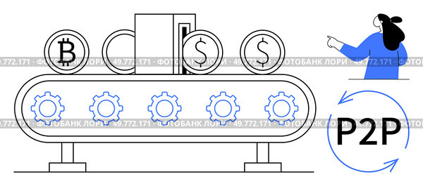 Business professional pointing at P2P text above a conveyor belt transporting cryptocurrency Bitcoin and dollar coins. Ideal for P2P trading, fintech, blockchain operation, financial technology. Automated Financial Process with Cryptocurrency and USD Coins on Conveyor Belt. Стоковая иллюстрация, агентство Ingram Publishing / Фотобанк Лори