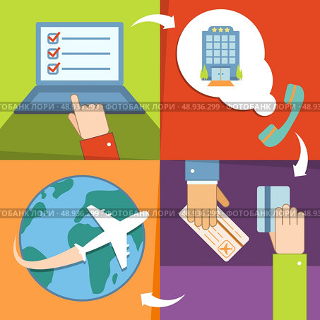 Business reservation and booking icons set with hands for vacation trip payment and ticket purchase vector illustration. Стоковая иллюстрация, агентство Ingram Publishing / Фотобанк Лори
